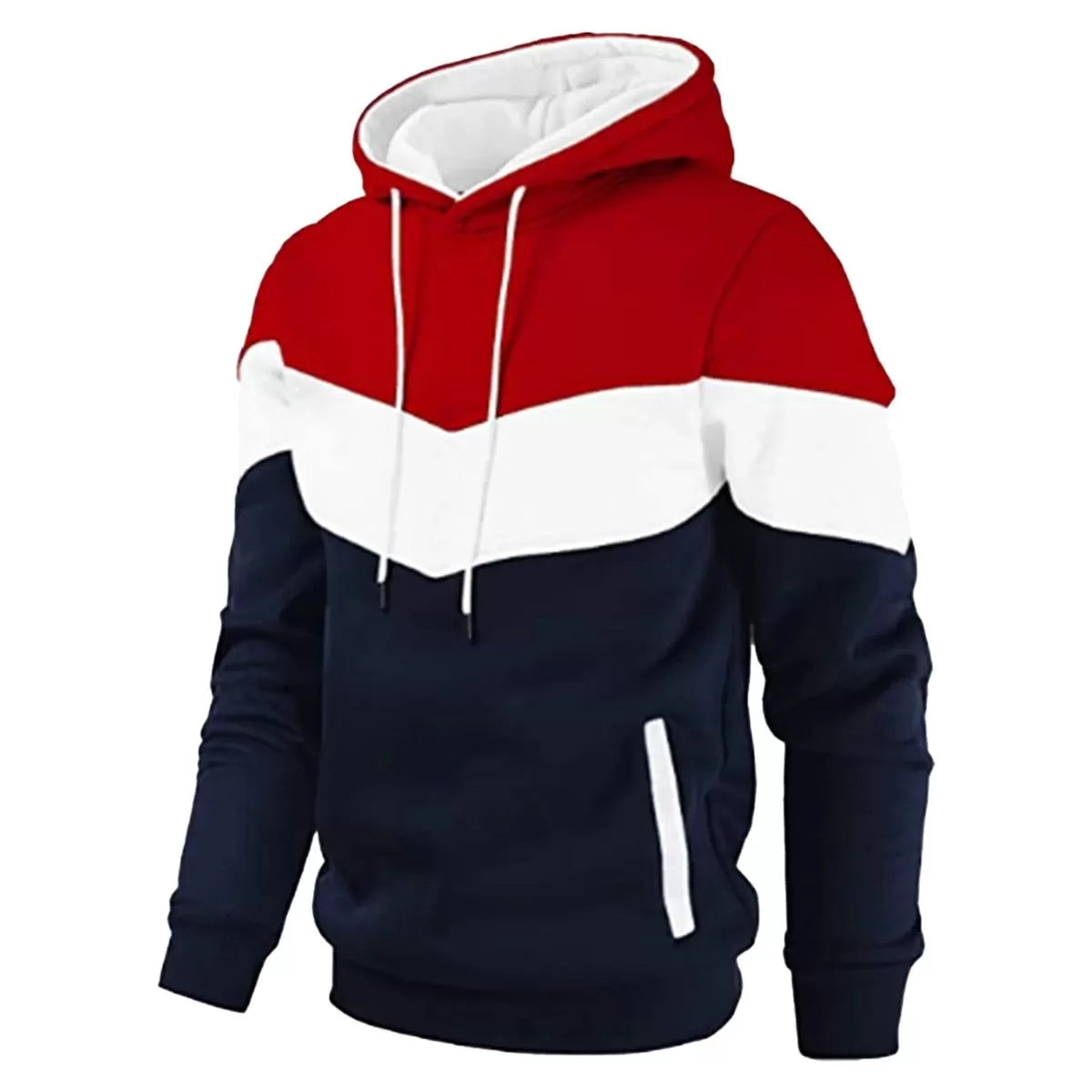 Blue White & Red Color Block Pullover Fleece Kangaroo Hoodie For Men