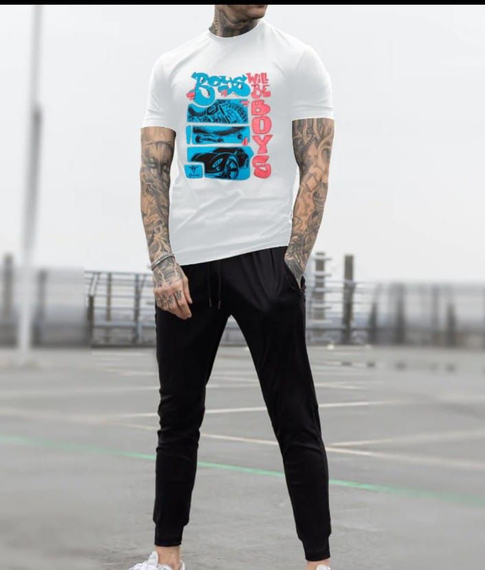 Boys will Be Boys Logo Printed Half Sleeves Cotton Jersey Summer White T-Shirt & Black Trouser Tracksuit - Oshi.pk - Buy & Sell Online