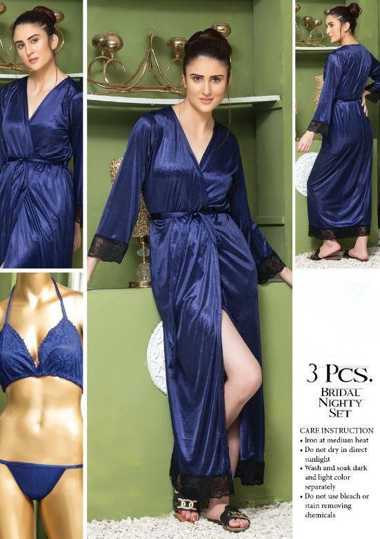Bridal Silk 3Pcs Nighty Blue Color - Oshi.pk - Buy & Sell Online