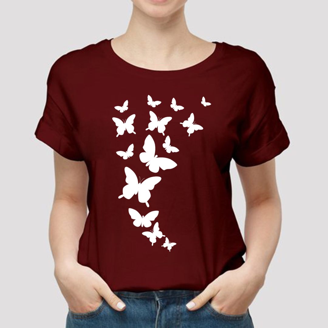 Butterfly Printed Maroon T shirts Round Neck For Casual Wear - Oshi.pk - Buy & Sell Online