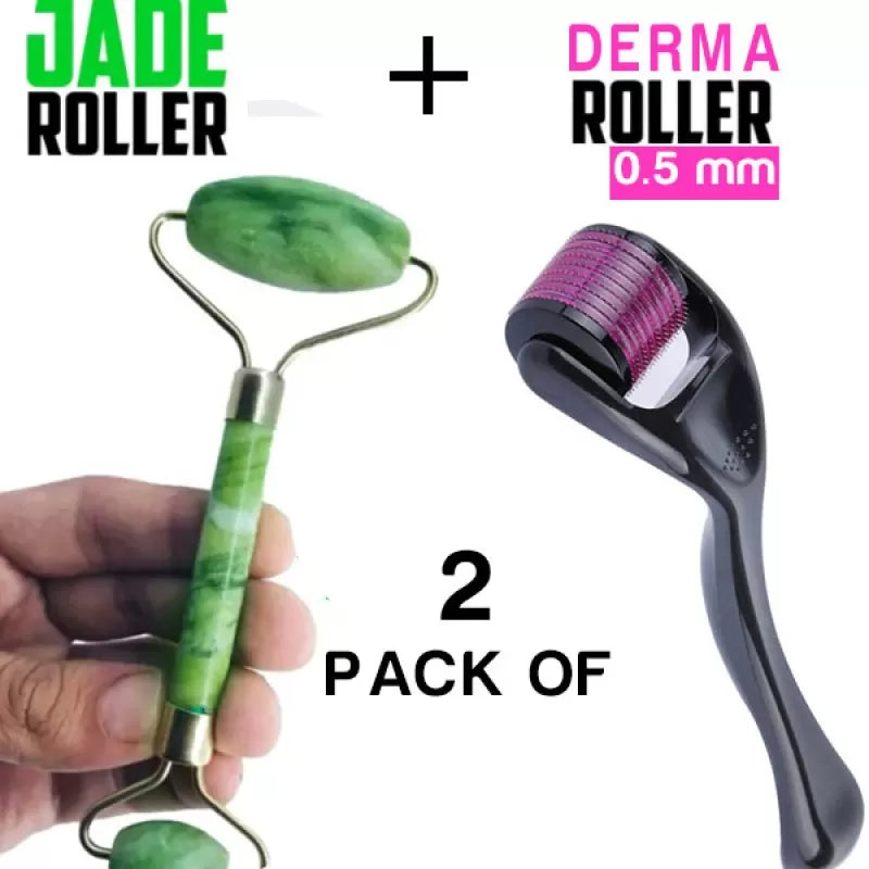 Combo pack of 2 Derma Roller Skin Therapy 0.5 with 540 Micro and Jade Roller Anti-Aging Natural Stone Jade Roller with Noiseless Double Heads for Face - Oshi.pk - Buy & Sell Online