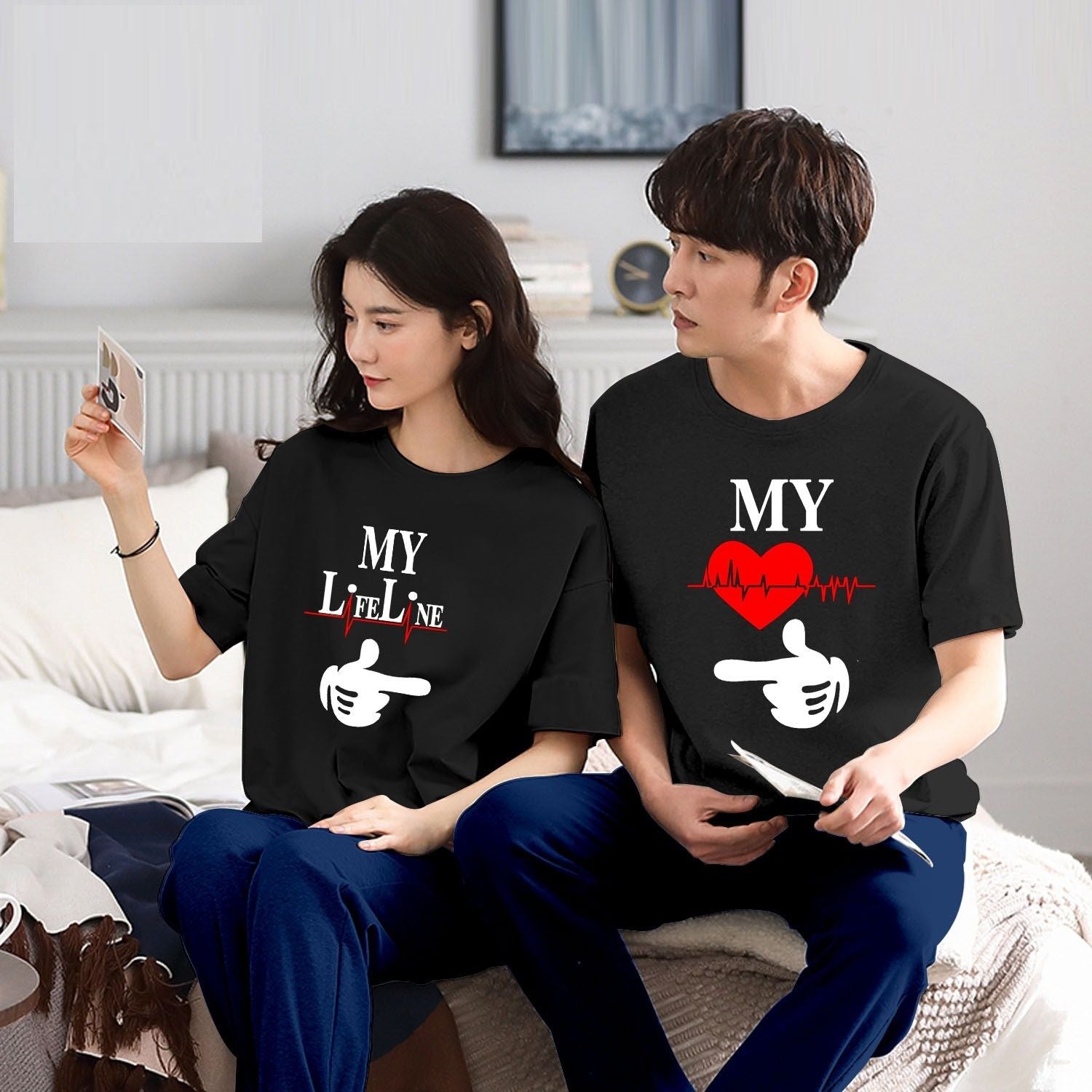 Couple My Life Line Tshirt Pajama Half Sleeves Night Dress By Hk Oufits - Oshi.pk - Buy & Sell Online