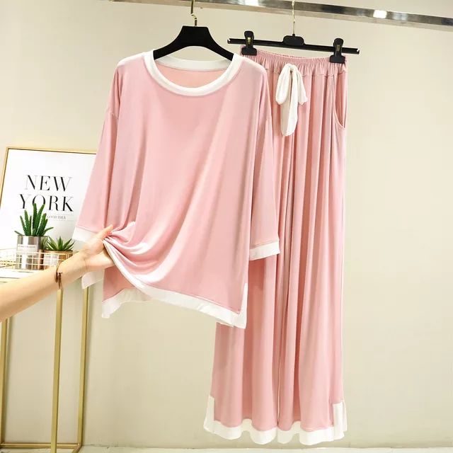 Plain Baby Pink with White Round Neck with Palazzo Style Pajama Full Sleeves night suit for her - Oshi.pk - Buy & Sell Online