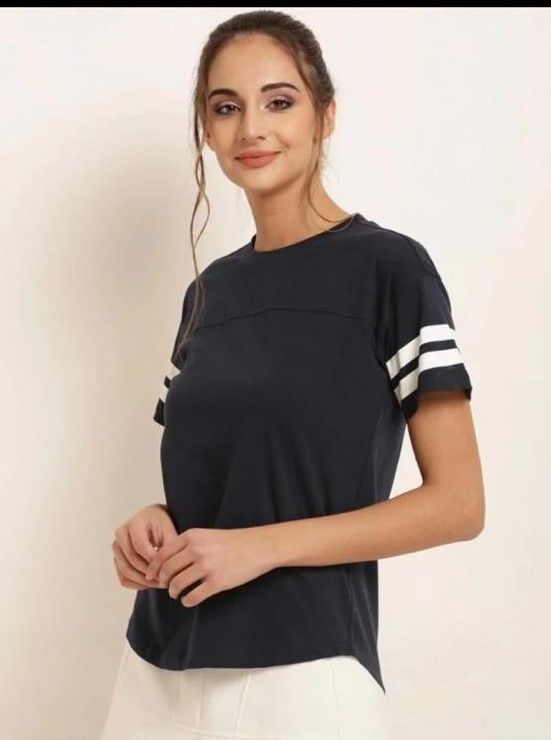 Double Stripes Half Sleeve Round Neck Black T-Shirt For Women - Oshi.pk - Buy & Sell Online