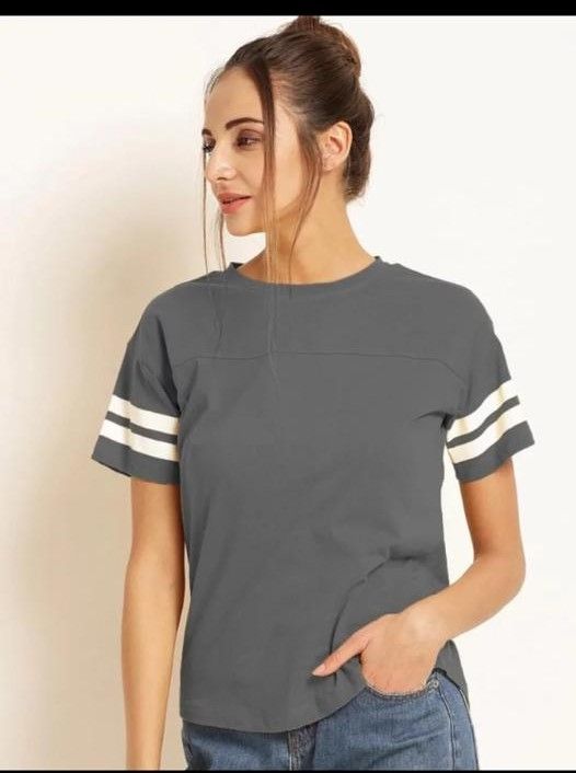 Double Stripes Half Sleeve Round Neck Grey T-Shirt For Women - Oshi.pk - Buy & Sell Online
