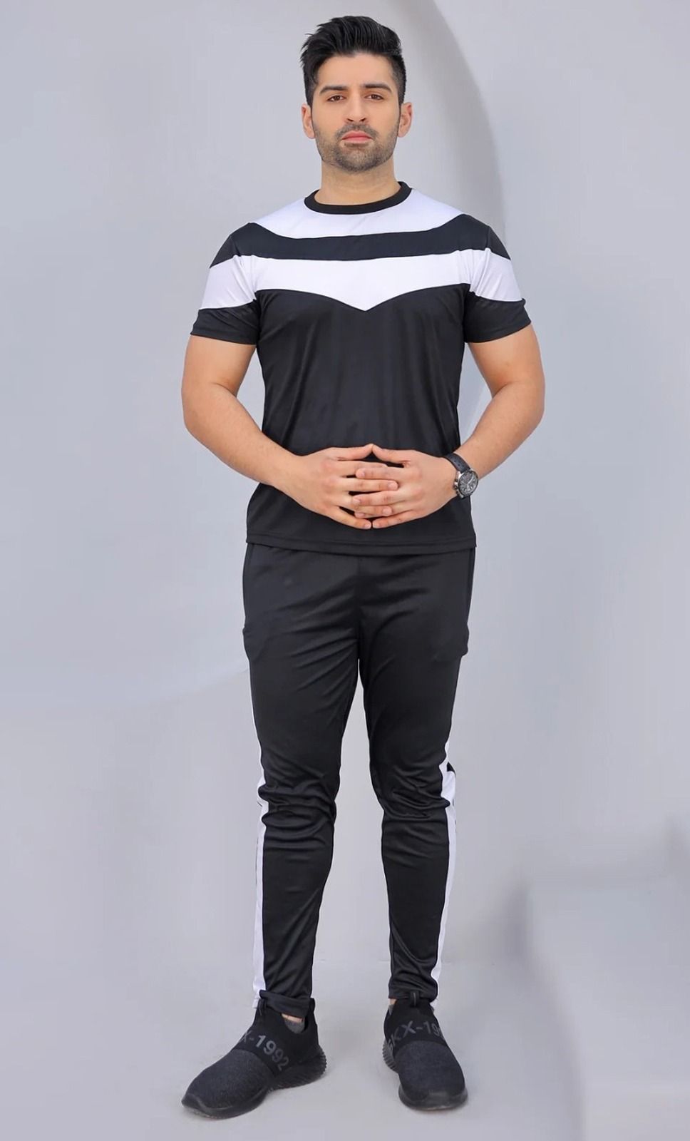 Black & White V-pennel Dry Fit Summer Tracksuit - Oshi.pk - Buy & Sell Online