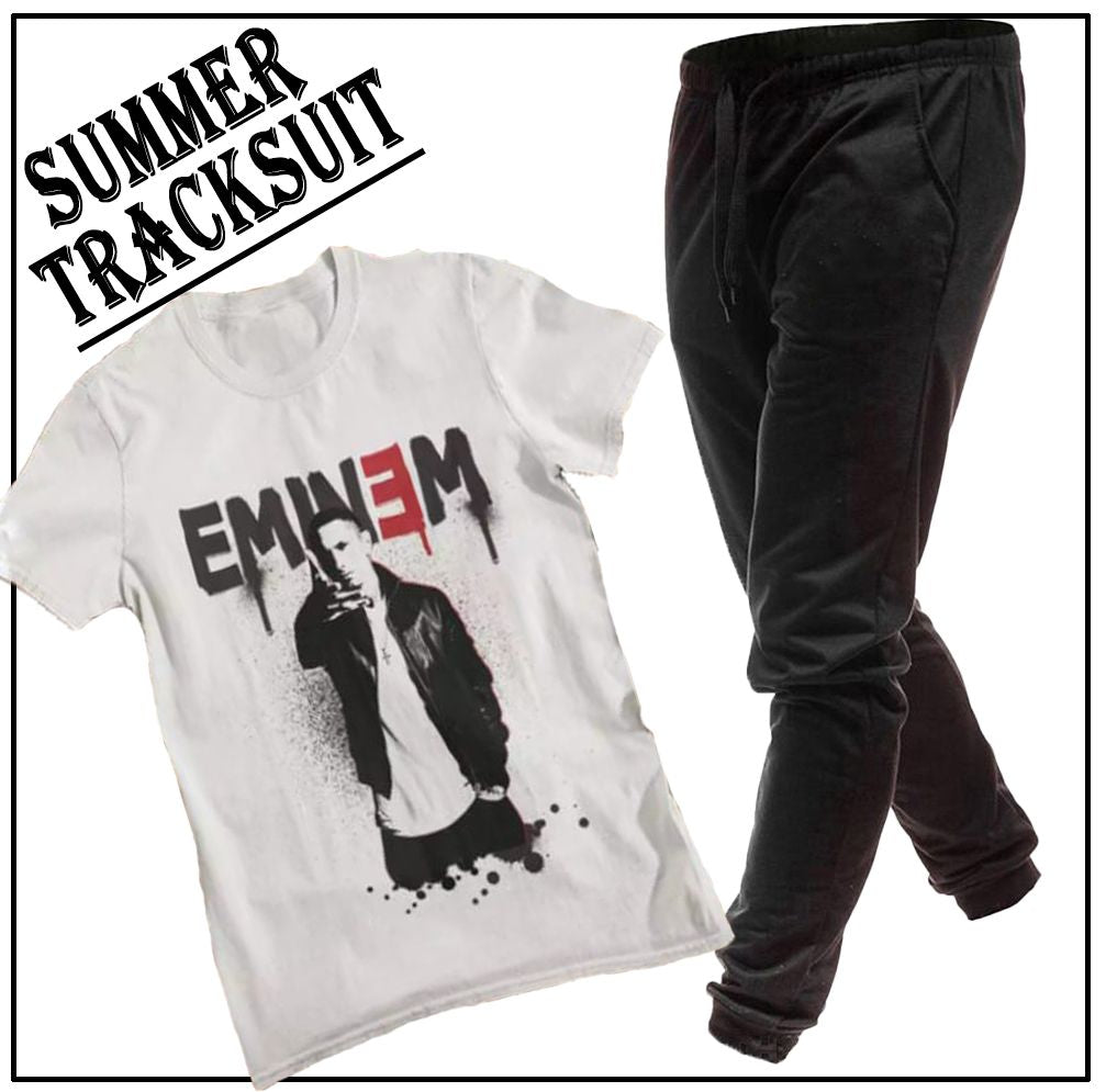 Eminem Printed Tracksuit for Men In White T-Shirt half Sleeve & Black Trouser printed for Summer Collection - Oshi.pk - Buy & Sell Online