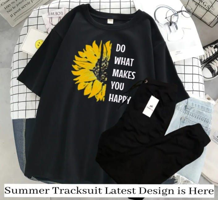 Flower Printed Summer Tracksuit For Women & Girls Half Sleeve Black T-shirt & Black Trouser - Oshi.pk - Buy & Sell Online