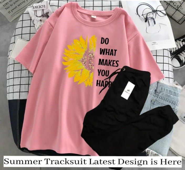 Flower Printed Summer Tracksuit For Women & Girls Half Sleeve Pink T-shirt & Black Trouser - Oshi.pk - Buy & Sell Online
