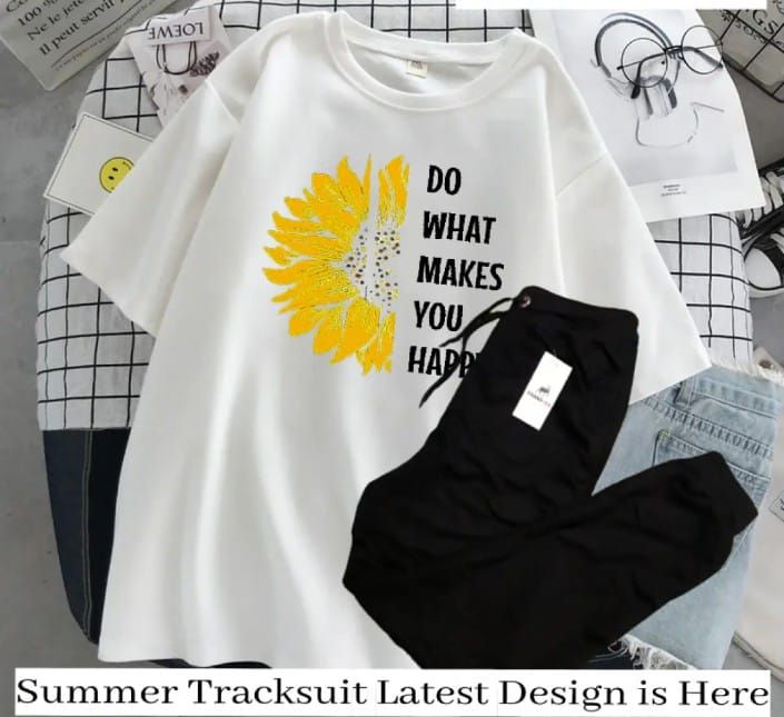 Flower Printed Summer Tracksuit For Women & Girls Half Sleeve White T-shirt & Black Trouser - Oshi.pk - Buy & Sell Online