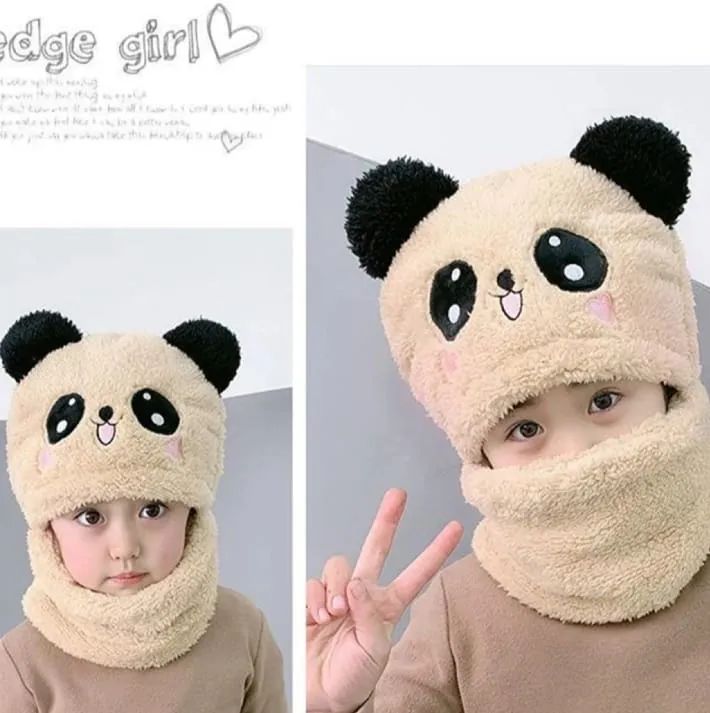 Girls Boys Winter Hat scarf One Piece Cute Warm Ear and neck Protection Winter Warm Fleece Cute Cartoon Panda Hats Windproof - Oshi.pk - Buy & Sell Online