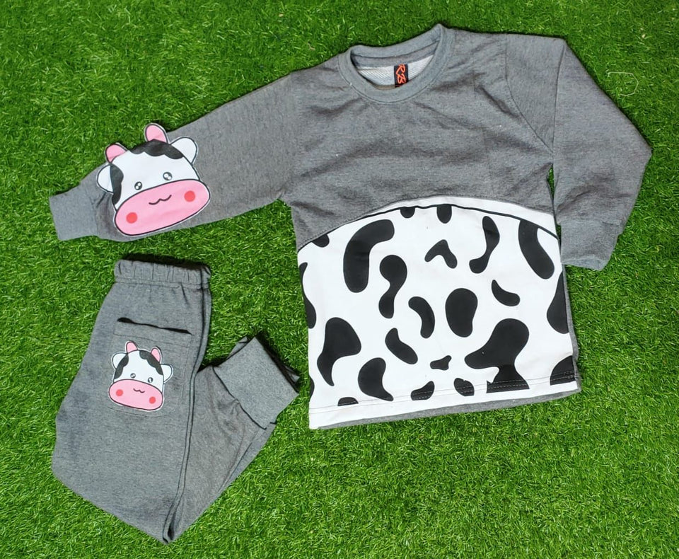 Grey And White Cow Print Sweatshirt With Trouser Tracksuit For Kids - Oshi.pk - Buy & Sell Online
