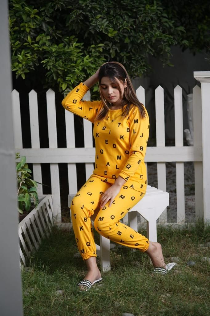 Yellow Alphabets Print Full sleeves night suit for her - Oshi.pk - Buy & Sell Online