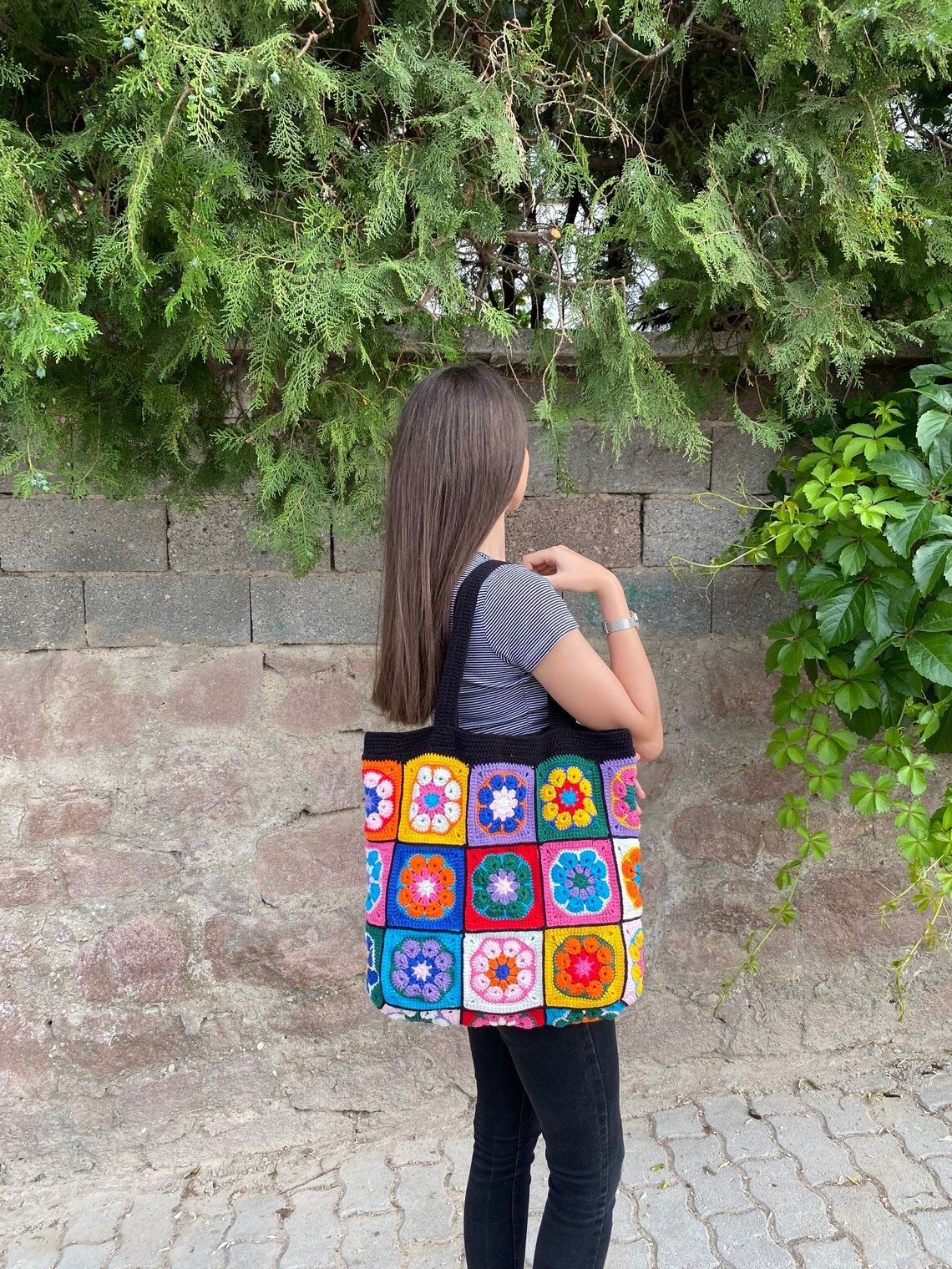 Handcrafted Black Crochet Bag For Women - Stylish Granny Square Crochet Bag - Handmade Crochet Bags For Girls - Oshi.pk - Buy & Sell Online