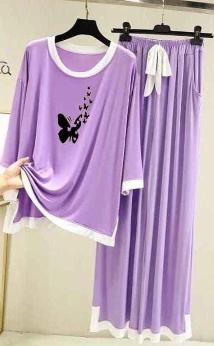 Butterflies Purple with White Round Neck with Palazzo Pajama Full Sleeves night suit for her - Oshi.pk - Buy & Sell Online