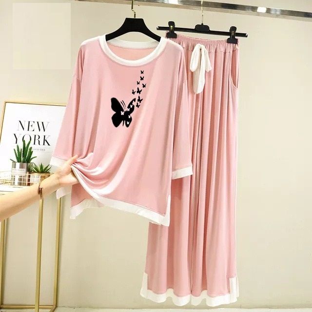 Butterflies Purple with White Round Neck with Palazzo Pajama Full Sleeves night suit for her - Oshi.pk - Buy & Sell Online