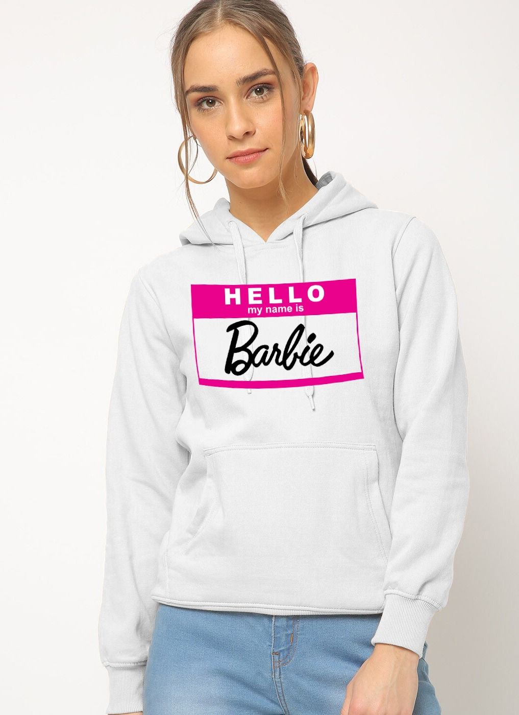 Hello My Name Is Barbie Printed Pullover Whiite Hoodie for women And Girls - Oshi.pk - Buy & Sell Online