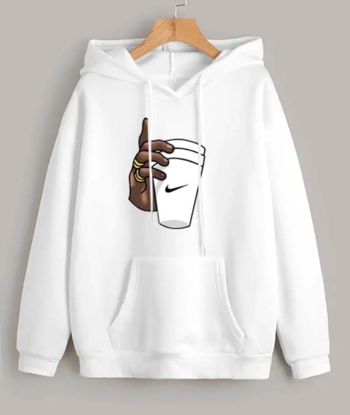 Huddie Hand with Cup Printed In White Hoodie Printed Kangaroo Hoodie Pocket Drawstring Pullovers Long Sleeves Winter Wear - Oshi.pk - Buy & Sell Online
