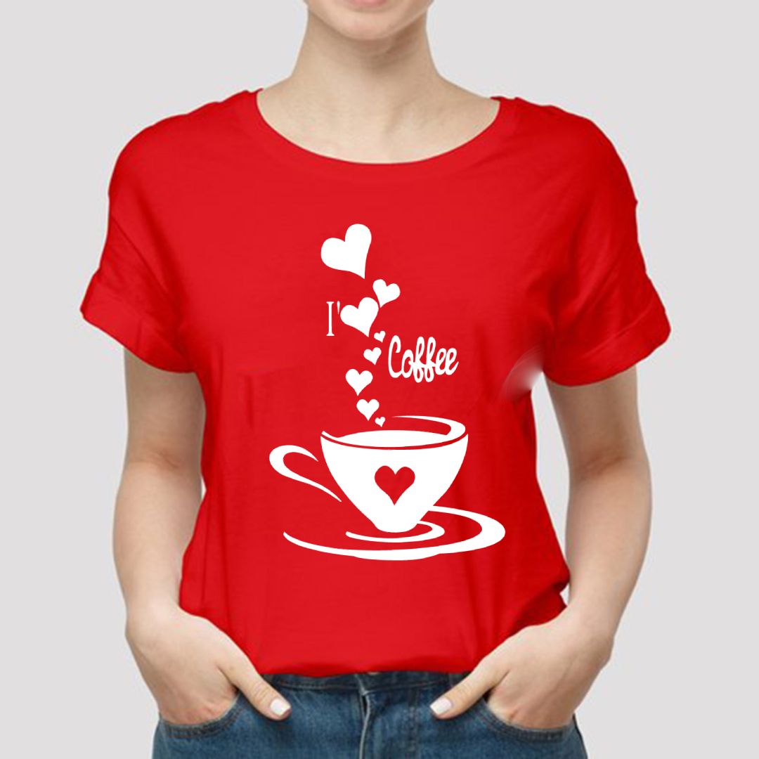 I Love Coffee Printed Red T Shirt for Womens & Girls Half Sleeves Export Quality - Oshi.pk - Buy & Sell Online
