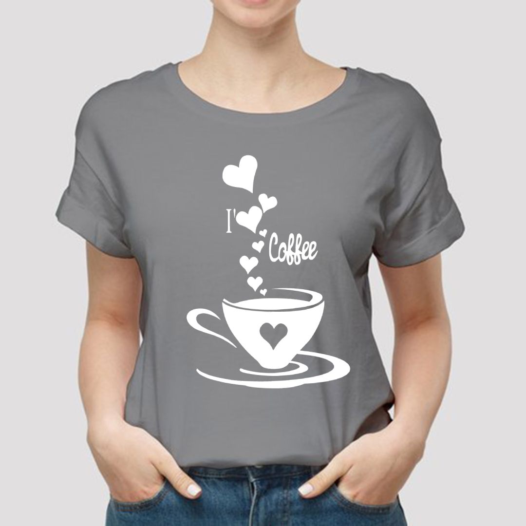 I love Coffee Printed Grey T Shirt for Womens & Girls Half Sleeves Export Quality - Oshi.pk - Buy & Sell Online