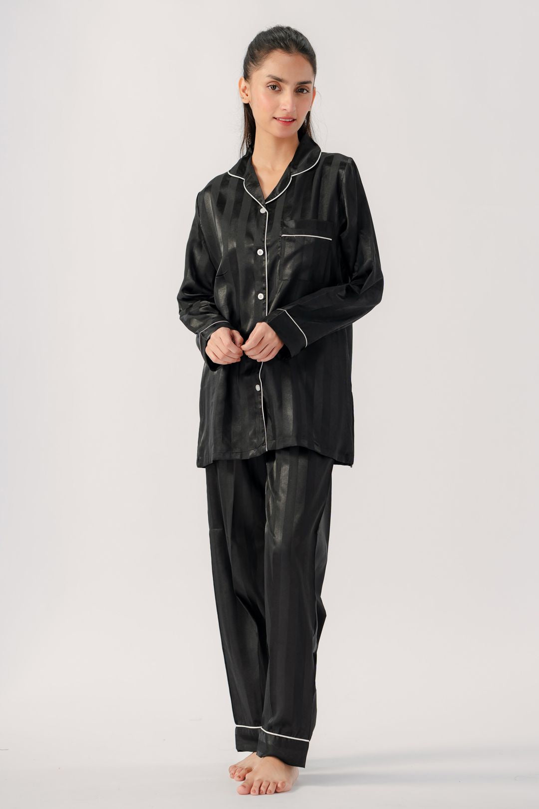 Valerie Nightwear Shadow Stripe Pajama Set this Vintage-Looking two-piece has a relaxed and feels Cool and Smooth Sleepwear - Oshi.pk - Buy & Sell Online