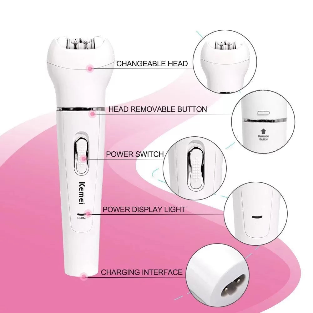 Kemei KM-2199 5-in-1 Electric Hair Remover Trimmer Wet and Dry Rechargeable Lady Shaver Epilator Facial Massage Tool Kit with