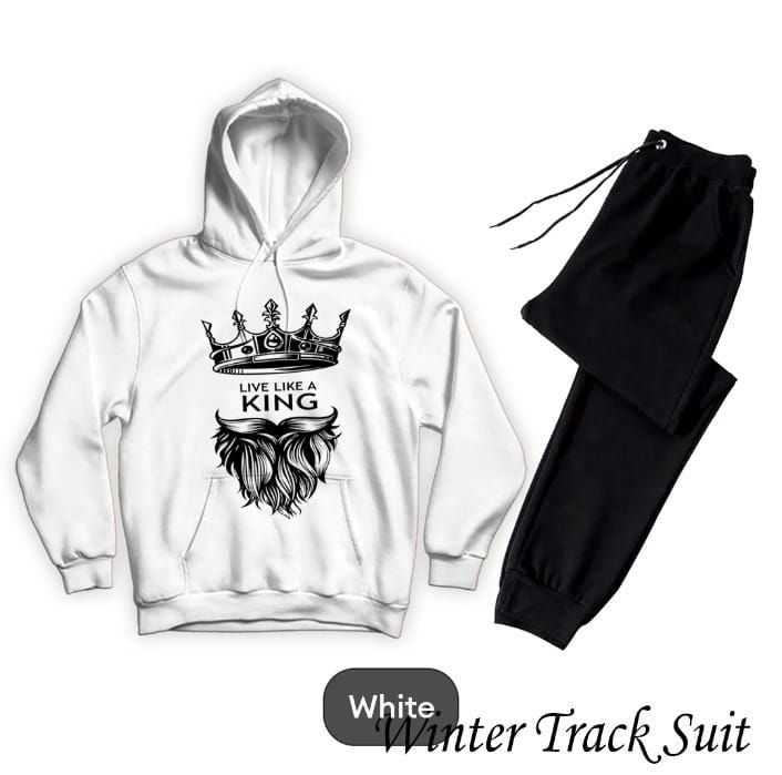 King style Printed Tracksuit White Huddie & Black Trouser Trendy And Amazing Fleece Pocket Drawstring Winter Wear Smart Fit Hoody - Oshi.pk - Buy & Sell Online