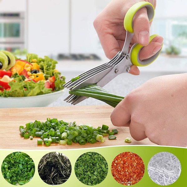 Kitchen Tools & Gadgets Multi-Functional Stainless Steel Knives 5 Layers Scissors Cut Herb Spices Vegetable Cutter with Cleaning Brush - Oshi.pk - Buy & Sell Online