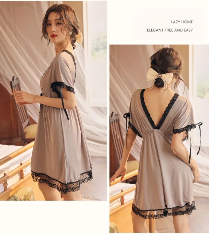 Lace Trim Bow Batwing Sleeve Mesh Nightdress (Grey) - Oshi.pk - Buy & Sell Online