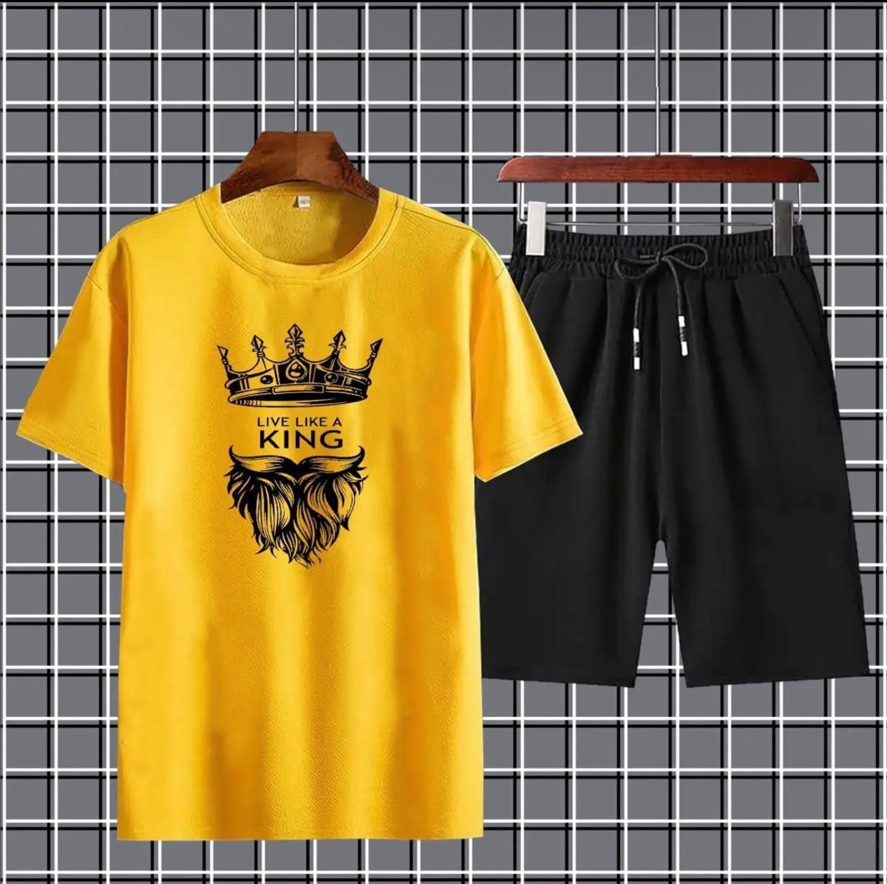 Live like a king Printed T-shirt And Shorts Summer Track Suit For Men -yellow - Oshi.pk - Buy & Sell Online