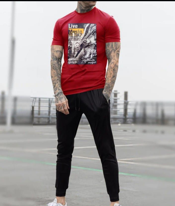 Live Music Printed Half Sleeves Cotton Jersey Summer Red T-Shirt & Black Trouser Tracksuit - Oshi.pk - Buy & Sell Online