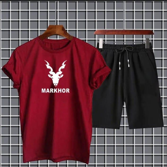 Markhor Printed Cotton Summer Tracksuit Shorts & T Shirt In Mahoon For Men n boys - Oshi.pk - Buy & Sell Online