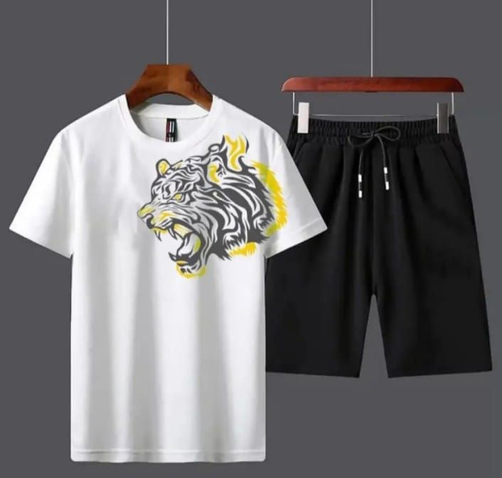 Milti Tiger Printed White Cotton Half Sleeves O Neck Short & Tshirt For Men & Boys - Oshi.pk - Buy & Sell Online