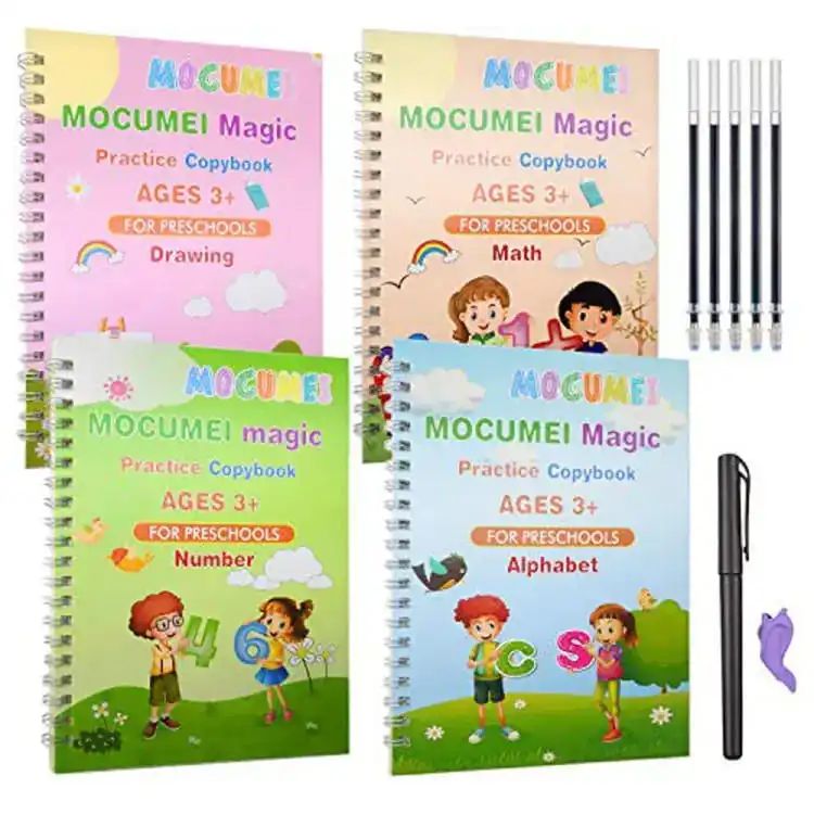 Montessori Reusable Magic Book 4Magic Books + 1Magic Pen + 10Refills + 1Grip Children's Calligraphy Copybook Magic Writin - Oshi.pk - Buy & Sell Online