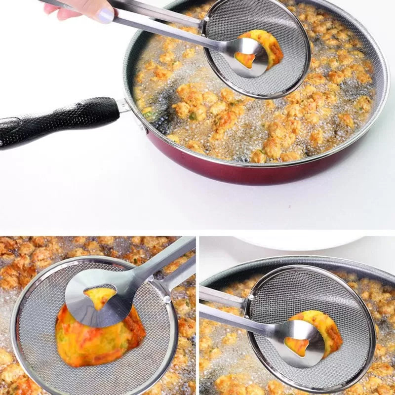 Multi-functional 2 in 1 Fry Tool Filter Spoon Strainer With Clip,Oil Frying BBQ Filter Stainless Steel Mesh Strainer Kitchen Tool Frying Mesh Colander - Oshi.pk - Buy & Sell Online