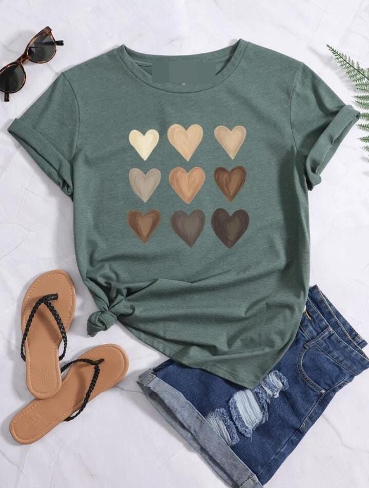 Multicolor Heart Print Round Neck Tee - Oshi.pk - Buy & Sell Online