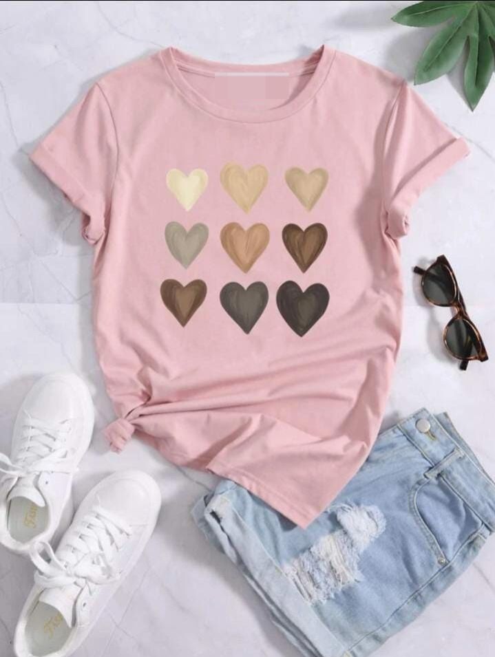 Multicolor Heart Print Round Neck Tee - Oshi.pk - Buy & Sell Online