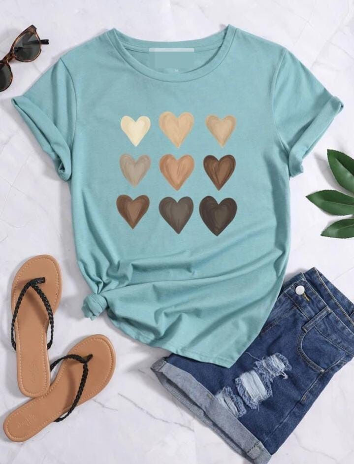 Multicolor Heart Print Round Neck Tee - Oshi.pk - Buy & Sell Online