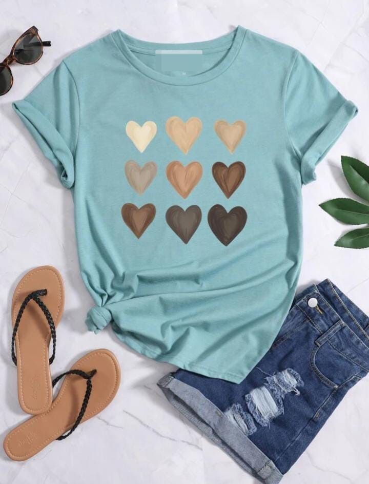 Multicolor Heart Print Round Neck Tee - Oshi.pk - Buy & Sell Online
