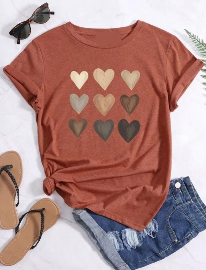 Multicolor Heart Print Round Neck Tee - Oshi.pk - Buy & Sell Online