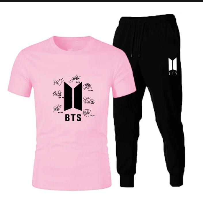 New BTS Signature Pink T shirt And Black Trouser Casual Tracksuit Trousers Summer Arrival - Oshi.pk - Buy & Sell Online