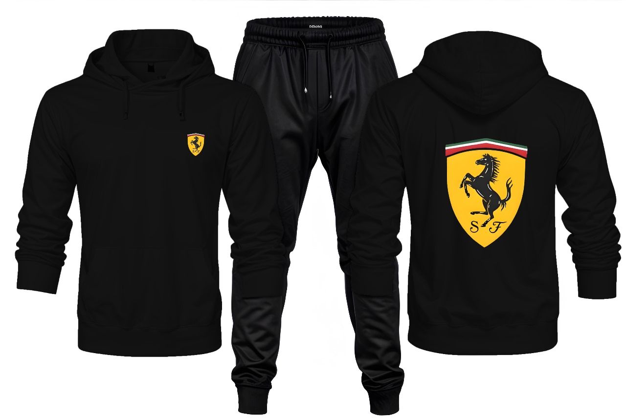 New Front Back Ferrari Printed Black Hoodie and Black Trouser Tracksuit Winter Collection trendy fashion Gym Sports Outdoors Wear - Oshi.pk - Buy & Sell Online