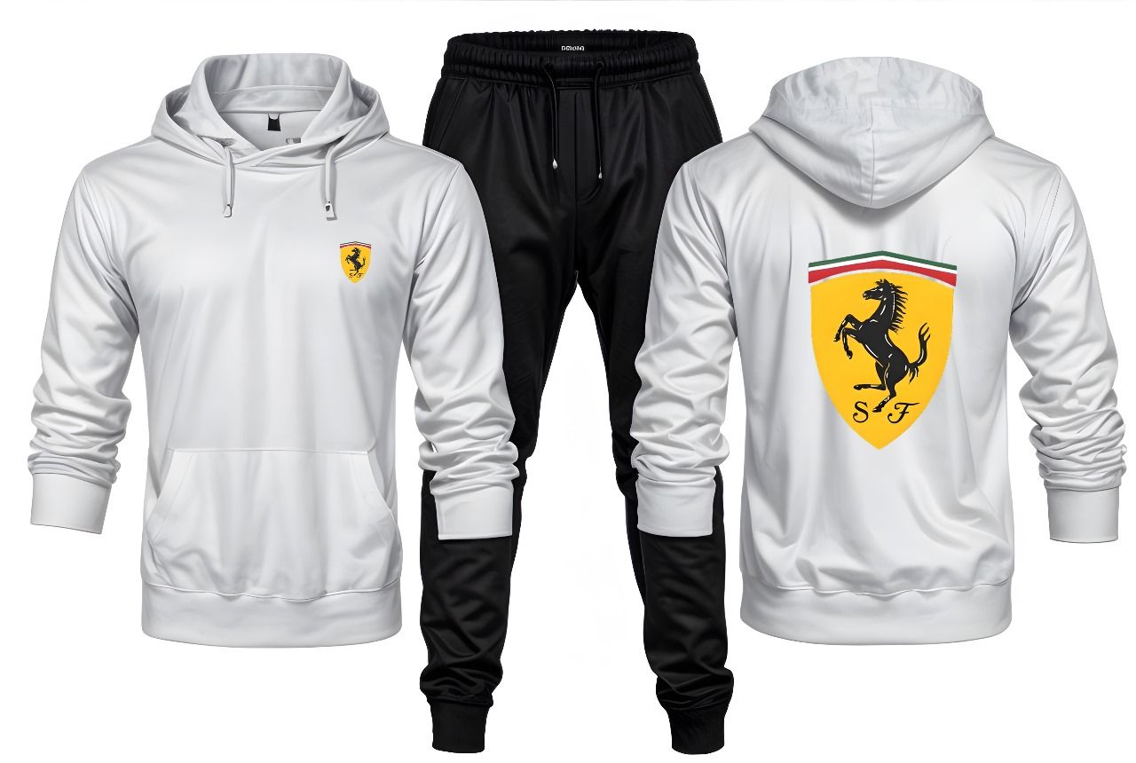 New Front Back Ferrari Printed White Hoodie and Black Trouser Tracksuit Winter Collection trendy fashion Gym Sports Outdoors Wear - Oshi.pk - Buy & Sell Online