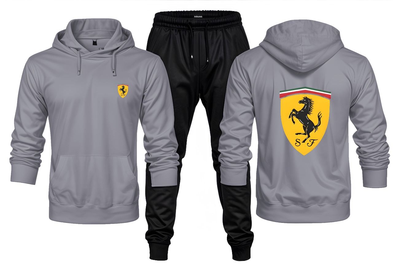 New Front Back Ferrari Printed Grey Hoodie and Black Trouser Tracksuit Winter Collection trendy fashion Gym Sports Outdoors Wear - Oshi.pk - Buy & Sell Online