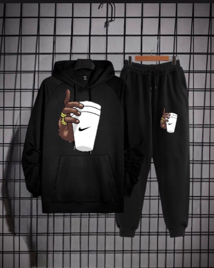 Tracksuit Black Huddie & Black Trouser Hand With Cup Printed Fleece Pocket Drawstring Winter Wear Smart Fit Hoody - Oshi.pk - Buy & Sell Online