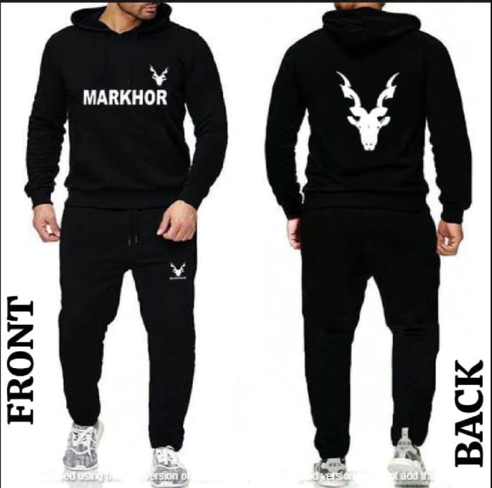 New Front Back Trendy Markhor Printed Black Hoodie and Black Trouser Tracksuit Winter Collection trendy fashion Gym Sports Outdoors Wear - Oshi.pk - Buy & Sell Online