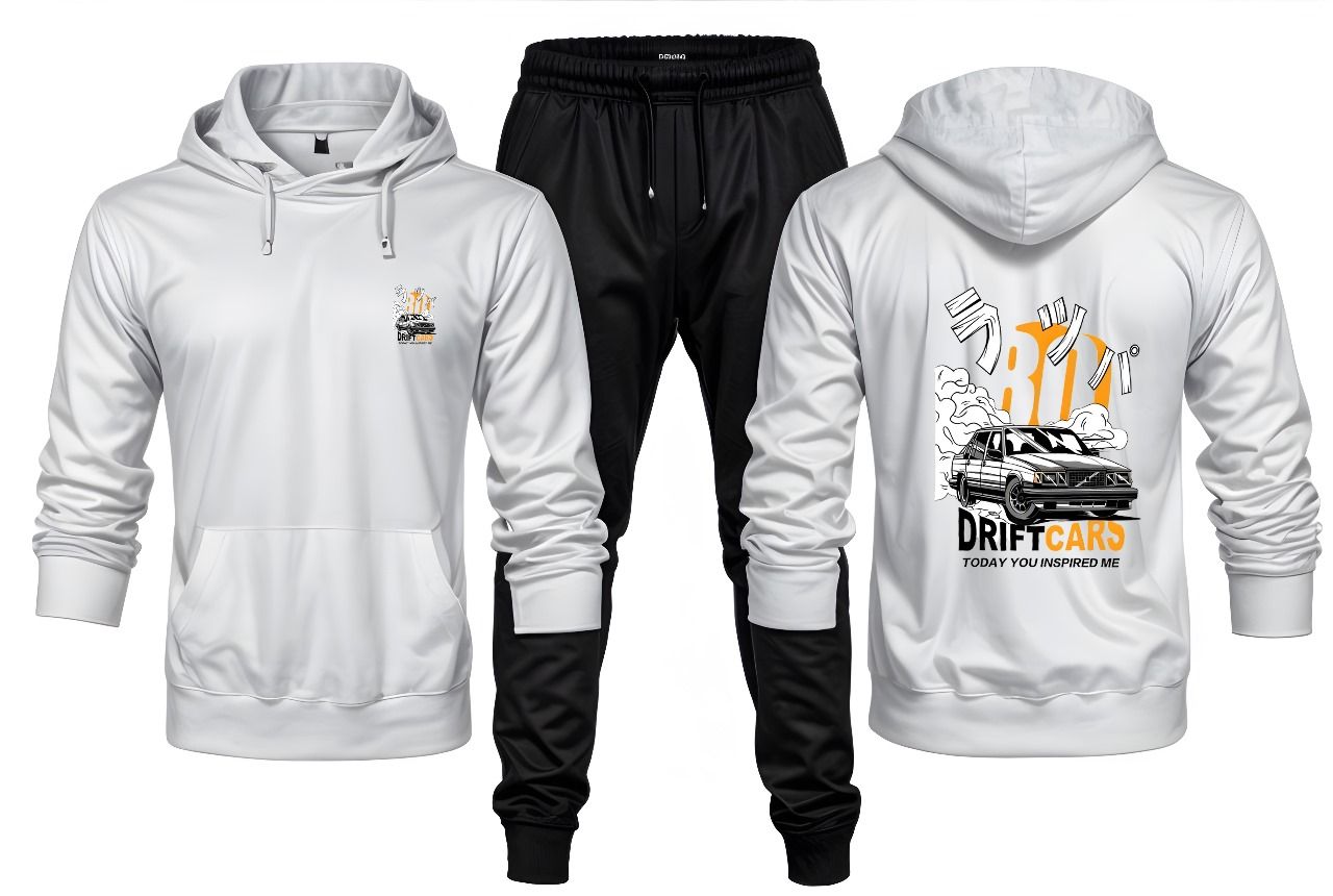New Front Back Trendy Car Drift Printed White Hoodie and Black Trouser Tracksuit Winter Collection trendy fashion Gym Sports Outdoors Wear - Oshi.pk - Buy & Sell Online