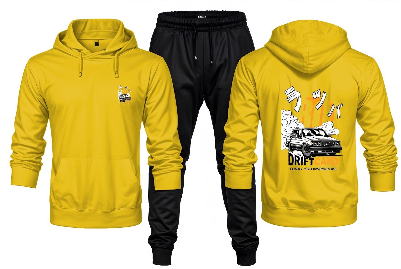New Front Back Trendy Car Drift Printed Yellow Hoodie and Black Trouser Tracksuit Winter Collection trendy fashion Gym Sports Outdoors Wear - Oshi.pk - Buy & Sell Online