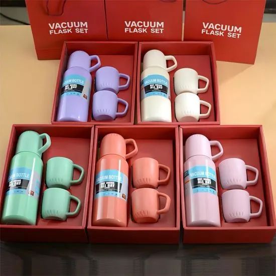 New Shape Vacuum Flask Bottle with 3 Cups and Gift Box Random color - Oshi.pk - Buy & Sell Online