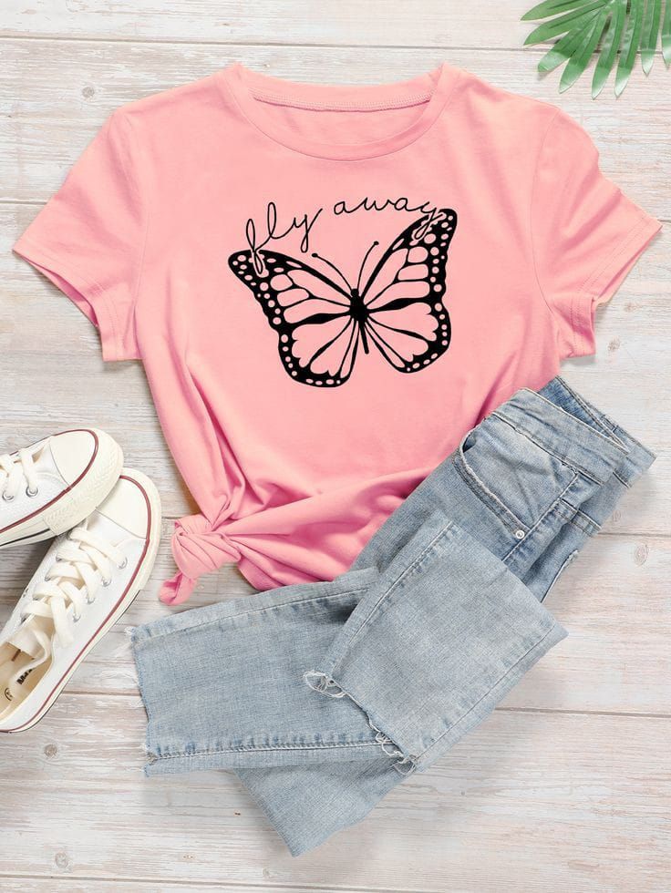 New Smart Fit Half Sleeves Pink T Shirt. New Stylish Butterflies Design Casual Wear ,Export Quality , Round Neck For Girls - Oshi.pk - Buy & Sell Online